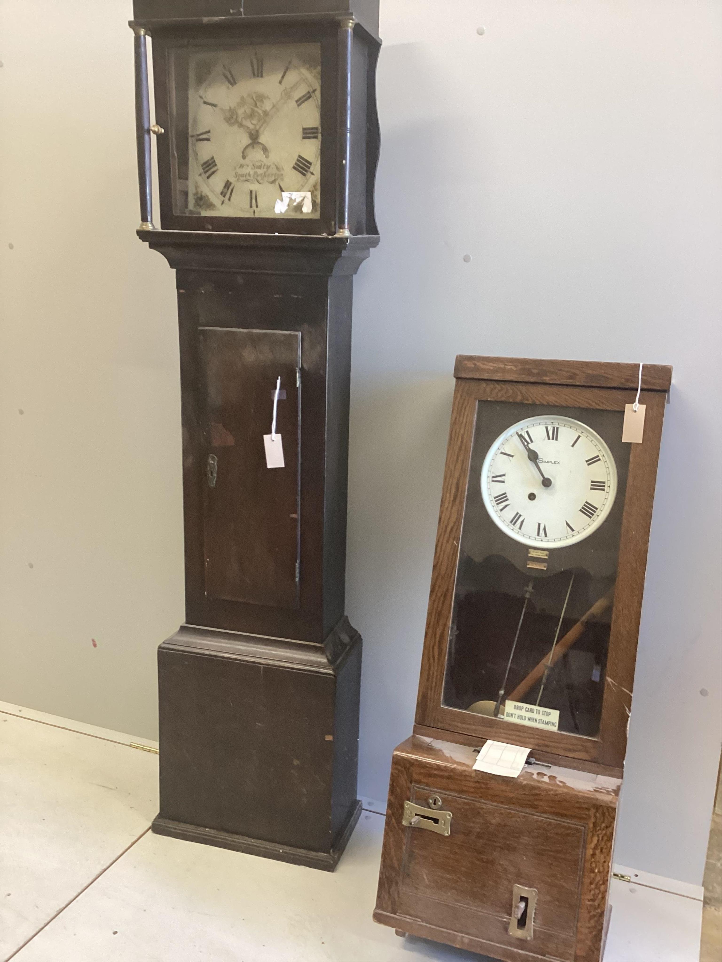 An early 20th century Simplex clocking-in machine, height 105cm and a 19th century thirty-hour longcase clock. Condition - poor-fair